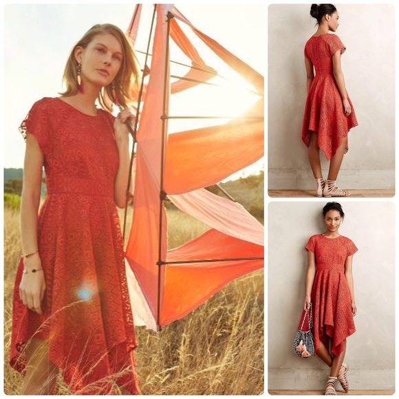 ANTHROPOLOGIE 8 MAEVE *RARE* Wine Red Prima Geo Lace Handkerchief Dress HTF - Picture 2 of 15